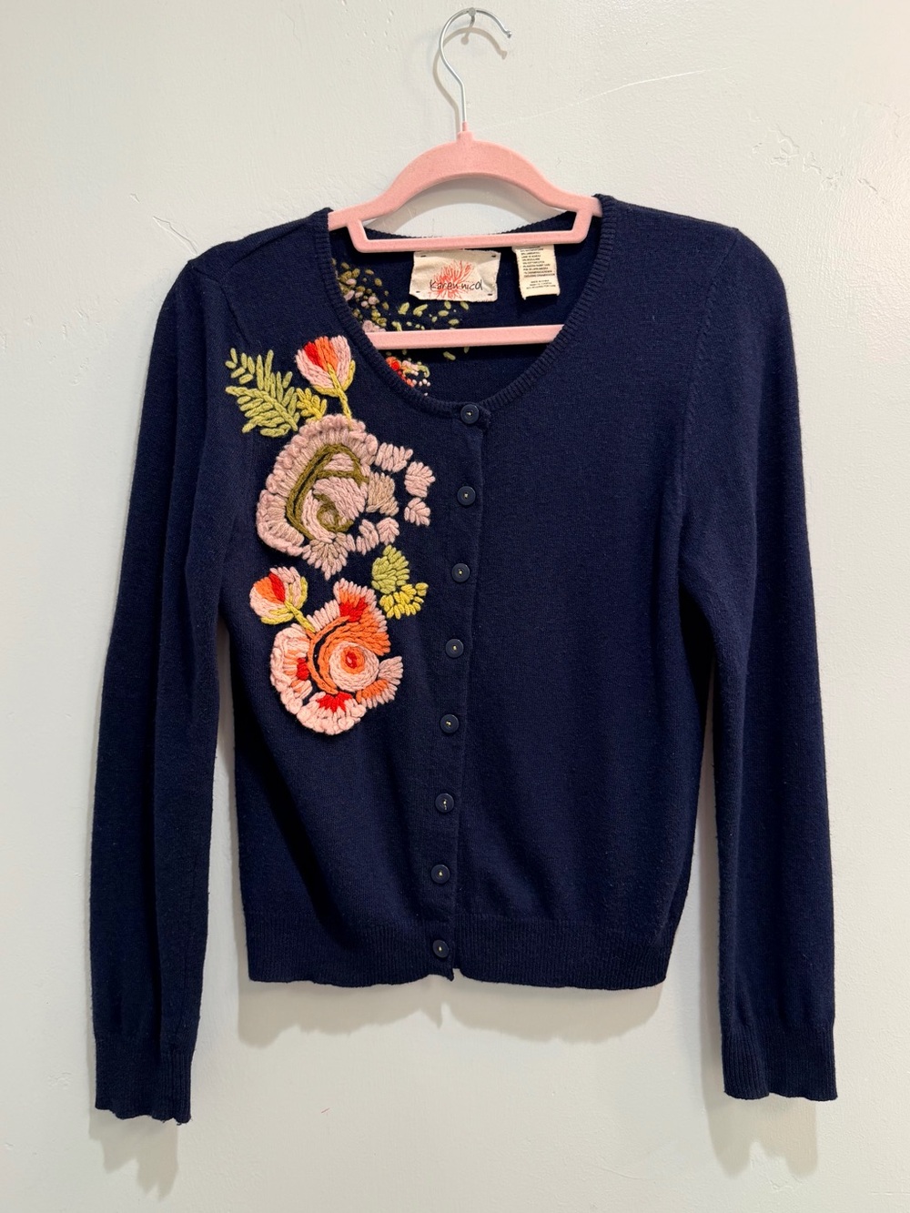 Anthropologie Anemone Bloom Embroidered Button Down Cardigan Blue Wool Twee Sz M - Picture 3 of 14